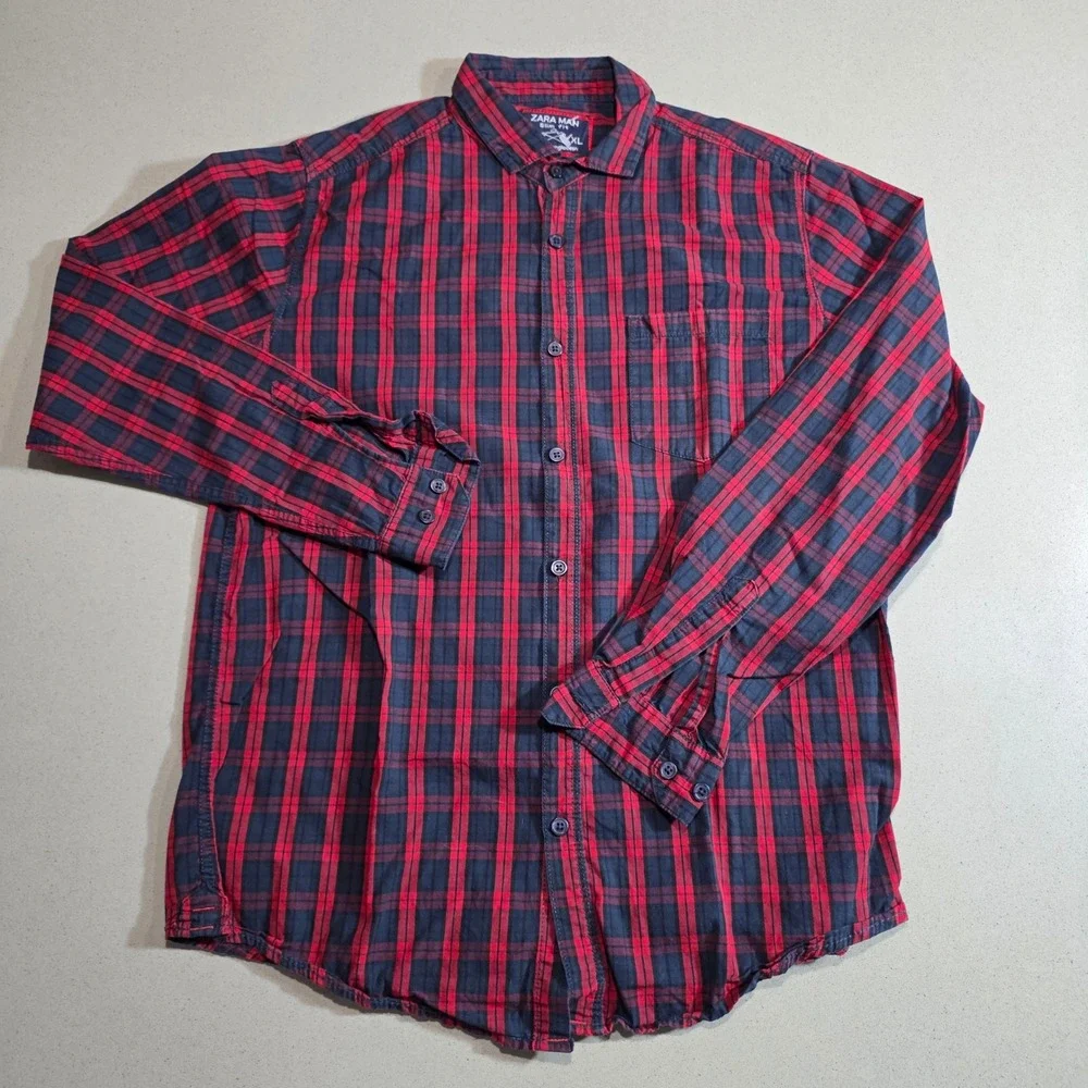 Zara Man Slim Fit Plaid Button Down Shirt Red Navy Blue XL Long Sleeve Pocket